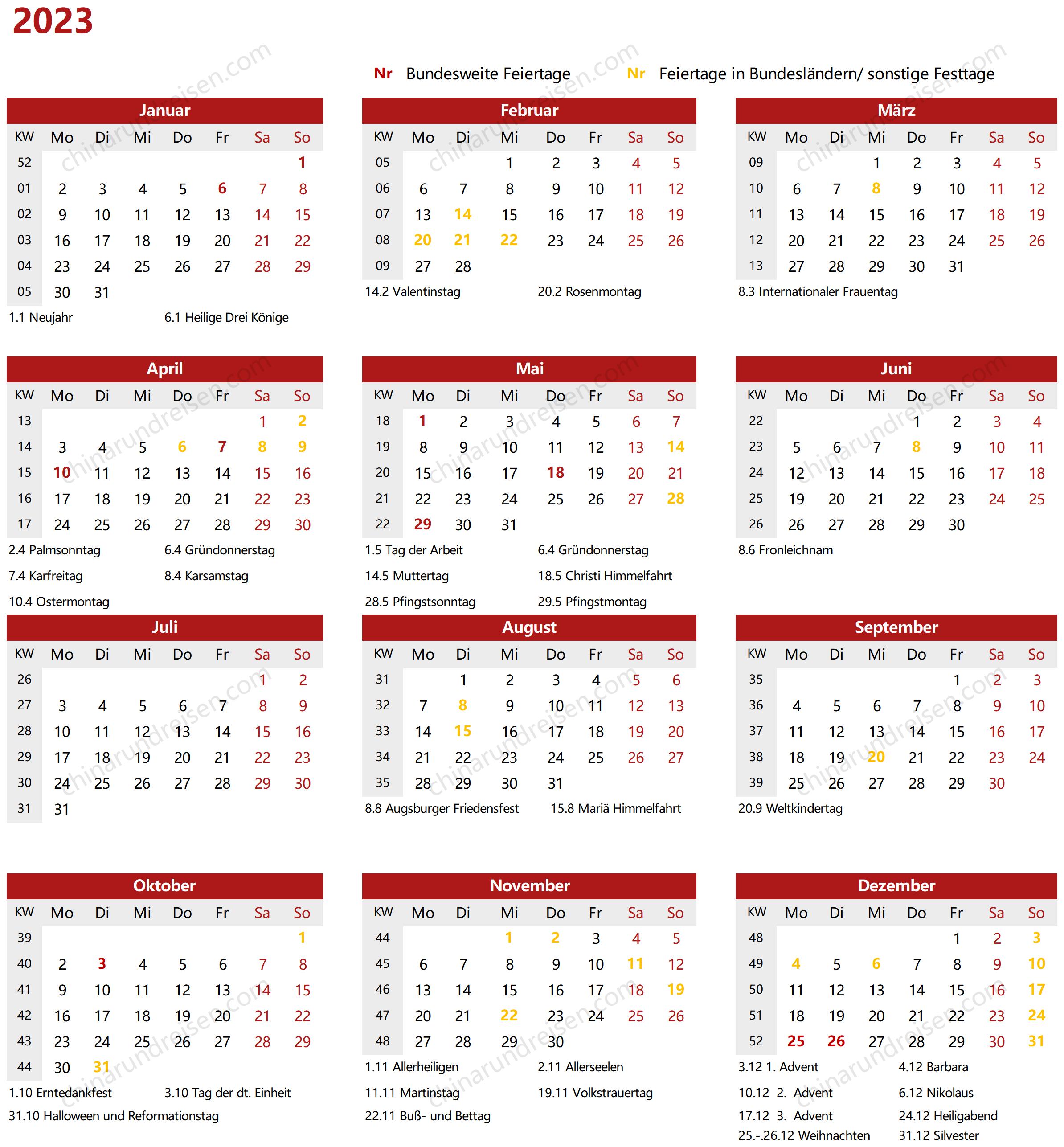 Kalender 2023 mit Feiertagen zum ausdrucken PDF, JPG